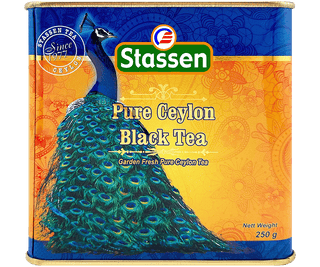 Stassen Peacock w puszce z grafiką pawia – herbata cejlońska liściasta bez dodatków.