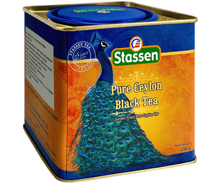 Stassen Peacock w puszce z grafiką pawia – herbata cejlońska liściasta bez dodatków.