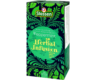 Stassen Peppermint w pudełku z zielonym zdobieniem – ekspresowa herbata ziołowa z mięty pieprzowej.