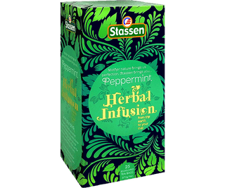 Stassen Peppermint w pudełku z zielonym zdobieniem – ekspresowa herbata ziołowa z mięty pieprzowej.