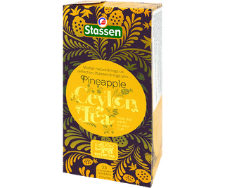 Stassen Pineapple Tea w pudełku z żółtym zdobieniem – ekspresowa herbata cejlońska z ananasem.