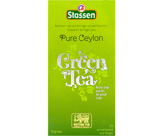 Stassen Green Tea w zielonym pudełku – ekspresowa herbata cejlońska bez dodatków.