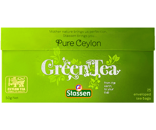 Stassen Green Tea w zielonym pudełku – ekspresowa herbata cejlońska bez dodatków.