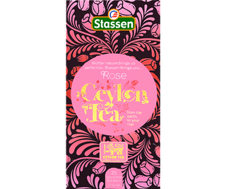 Stassen Rose Tea w pudelku z różowym zdobieniem – ekspresowa herbata cejlońska z różą.