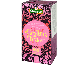Stassen Rose Tea w pudelku z różowym zdobieniem – ekspresowa herbata cejlońska z różą.