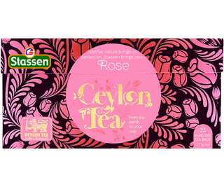 Stassen Rose Tea w pudelku z różowym zdobieniem – ekspresowa herbata cejlońska z różą.