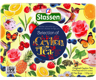 Stassen Selecion of Ceylon Tea w żółtej, zdobionej puszce – zestaw 6 smaków ekspresowych herbat cejlońskich.