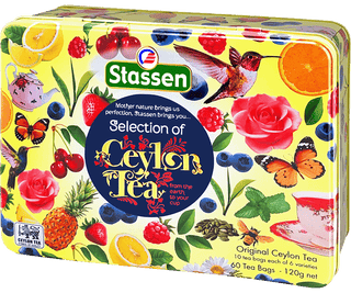 Stassen Selecion of Ceylon Tea w żółtej, zdobionej puszce – zestaw 6 smaków ekspresowych herbat cejlońskich.
