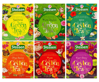 Stassen Selecion of Ceylon Tea w żółtej, zdobionej puszce – zestaw 6 smaków ekspresowych herbat cejlońskich.
