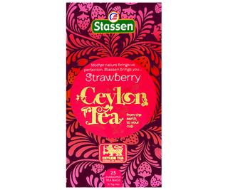 Stassen Strawberry Tea w pudełku z różowym zdobieniem – ekspresowa herbata cejlońska z truskawką. 
