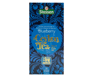 STASSEN Herbata - Blueberry Tea - ozdobne opakowanie z niebieskim motywem.