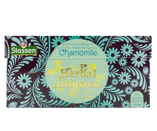 STASSEN Herbata - Chamomile Tea - zdobiony kartonik z niebieskimi ornamentami z rumiankiem. 