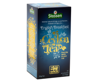 STASSEN Herbata - English Breakfast Tea - ozdobne granatowo-złote opakowanie z czarną herbatą.