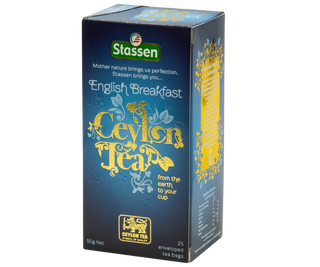 STASSEN Herbata - English Breakfast Tea - ozdobne granatowo-złote opakowanie z czarną herbatą.