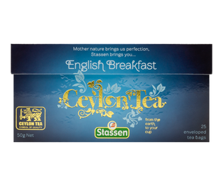 STASSEN Herbata - English Breakfast Tea - ozdobne granatowo-złote opakowanie z czarną herbatą.