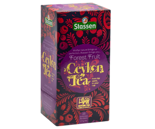 STASSEN Herbata - Forest Fruit Tea - ozdobne opakowanie z motywem owoców leśnych.