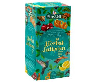 STASSEN Herbata - Immunity Tea - Ozdobny kartonik z ziołowym i owocowym motywem.