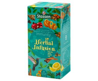 STASSEN Herbata - Immunity Tea - Ozdobny kartonik z ziołowym i owocowym motywem.