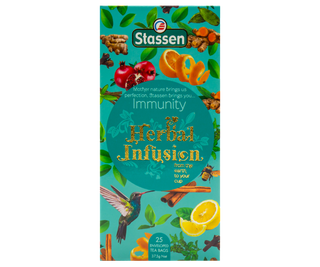 STASSEN Herbata - Immunity Tea - Ozdobny kartonik z ziołowym i owocowym motywem.