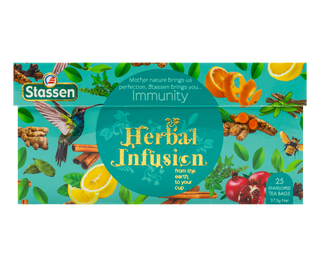 STASSEN Herbata - Immunity Tea - Ozdobny kartonik z ziołowym i owocowym motywem.