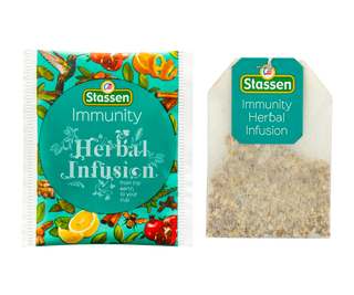 STASSEN Herbata - Immunity Tea - Ozdobny kartonik z ziołowym i owocowym motywem.