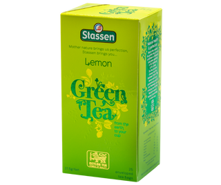 STASSEN Herbata - Lemon Green Tea - ozdobne zielone opakowanie z zieloną herbatą z aromatem cytryny.
