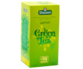 STASSEN Herbata - Lemon Green Tea - ozdobne zielone opakowanie z zieloną herbatą z aromatem cytryny.