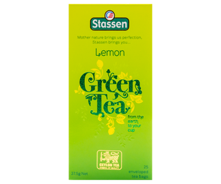 STASSEN Herbata - Lemon Green Tea - ozdobne zielone opakowanie z zieloną herbatą z aromatem cytryny.