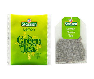 STASSEN Herbata - Lemon Green Tea - ozdobne zielone opakowanie z zieloną herbatą z aromatem cytryny.