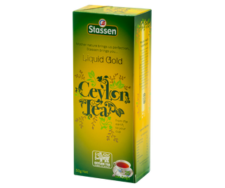STASSEN Herbata - Liquid Gold Tea - ozdobne opakowanie z motywem roślinnym.