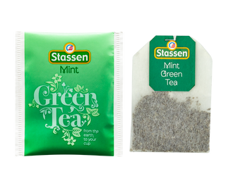 STASSEN Herbata - Mint Green Tea - zielony kartonik z zieloną herbatą z aromatem mięty.