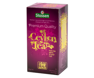 STASSEN Herbata - Premium Quality Ceylon Tea - ozdobne opakowanie ze złotym akcentem z czarną cejlońską herbatą.