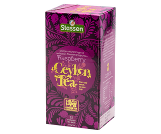 STASSEN Herbata - Raspberry Tea - ozdobne fioletowe opakowanie z motywem roślinnym.