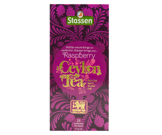 STASSEN Herbata - Raspberry Tea - ozdobne fioletowe opakowanie z motywem roślinnym.