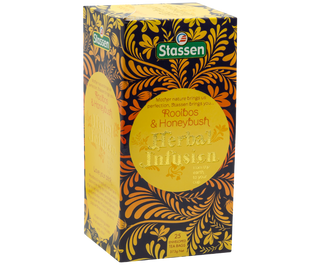 STASSEN Herbata - Rooibos & Honeybush Tea - ozdobny kartonik z motywem roślinnym z ziołową herbatą.