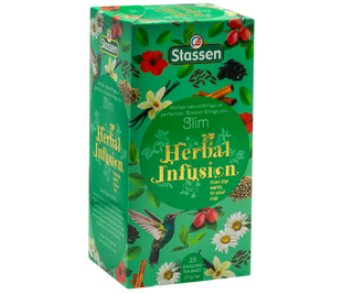STASSEN Herbata - Slim Tea - Ozdobne zielone opakowanie z wiosennym motywem z ziołową herbatą.