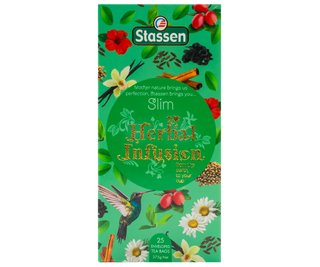 STASSEN Herbata - Slim Tea - Ozdobne zielone opakowanie z wiosennym motywem z ziołową herbatą.