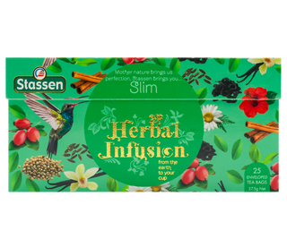 STASSEN Herbata - Slim Tea - Ozdobne zielone opakowanie z wiosennym motywem z ziołową herbatą.