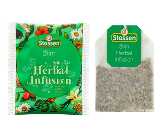 STASSEN Herbata - Slim Tea - Ozdobne zielone opakowanie z wiosennym motywem z ziołową herbatą.