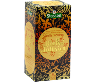 STASSEN Herbata - Vanilla Rooibos Tea - Ozdobny kartonik z motywem tropikalnym z ziołową herbatą.