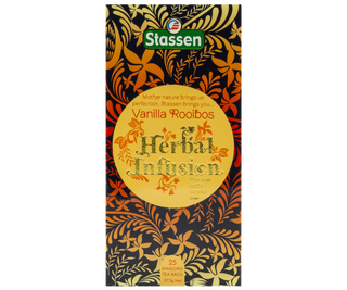 STASSEN Herbata - Vanilla Rooibos Tea - Ozdobny kartonik z motywem tropikalnym z ziołową herbatą.
