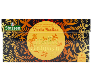 STASSEN Herbata - Vanilla Rooibos Tea - Ozdobny kartonik z motywem tropikalnym z ziołową herbatą.