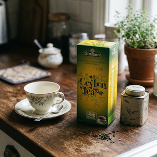 Zielono-żółte opakowanie Stassen Liquid Gold Ceylon Tea na drewnianym stole obok filiżanki, puszki na herbatę i rozsypanych liści.